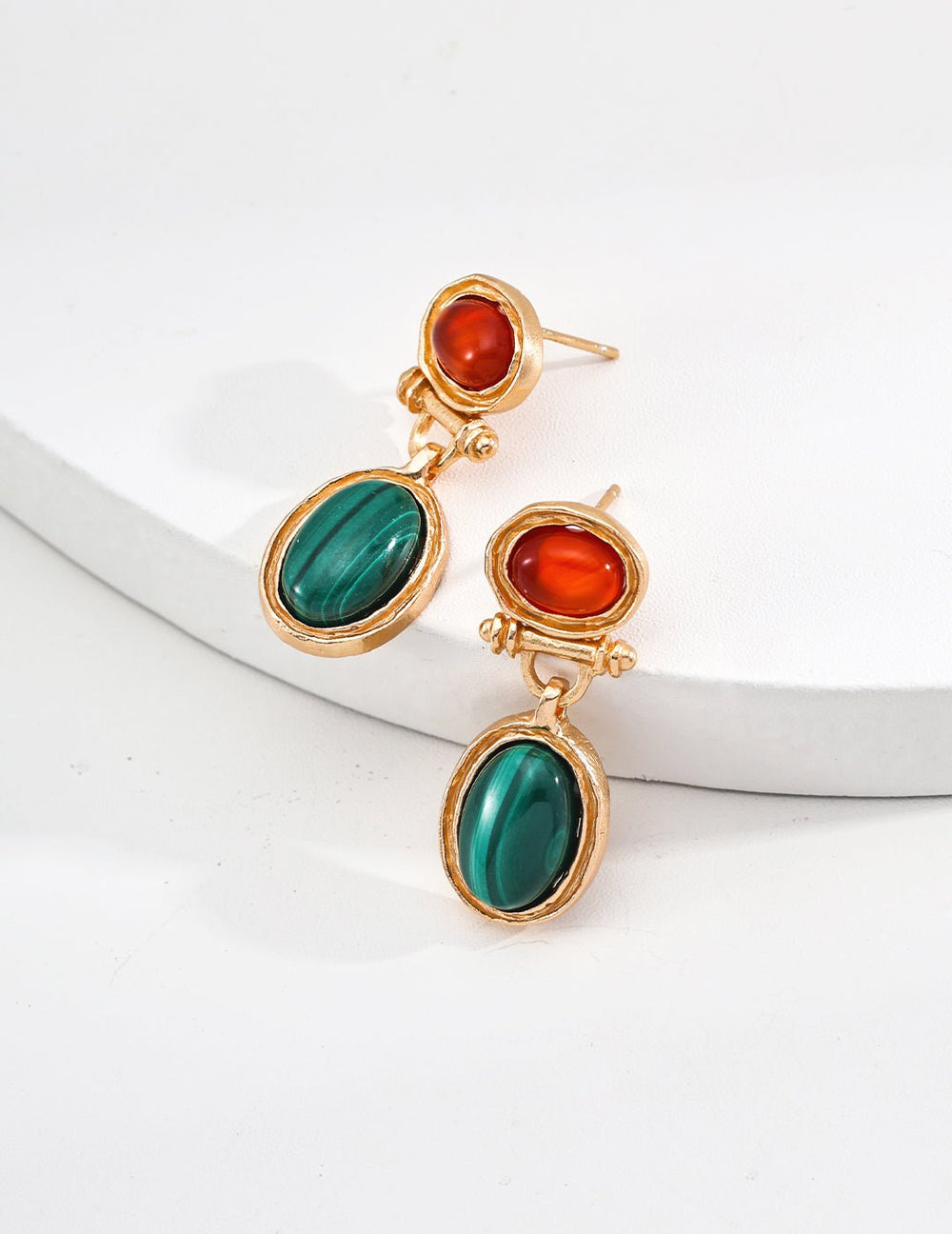 Ethereal Balance: Vintage Gold Malachite & Red Agate Earrings – Transformation & Strength - GEM Spirit - E01265 - 2 - CRYSTALS - EARRINGS - five elements energy