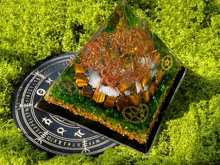 Orgone Pyramids - A Woven Prosperity Tree | Handcrafted Brass Wire Money Tree Desktop Ornament with Crystal Resin Drip - GEM Spirit - sk - 01 - Crystal Resin - fengshui - five elements energy