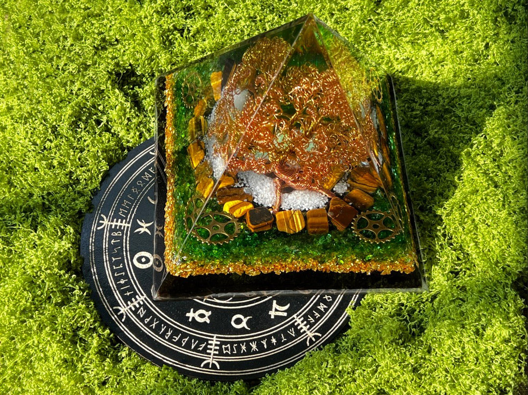 Orgone Pyramids - A Woven Prosperity Tree | Handcrafted Brass Wire Money Tree Desktop Ornament with Crystal Resin Drip - GEM Spirit - sk - 01 - Crystal Resin - fengshui - five elements energy