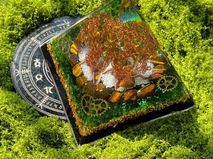 Orgone Pyramids - A Woven Prosperity Tree | Handcrafted Brass Wire Money Tree Desktop Ornament with Crystal Resin Drip - GEM Spirit - sk - 01 - Crystal Resin - fengshui - five elements energy
